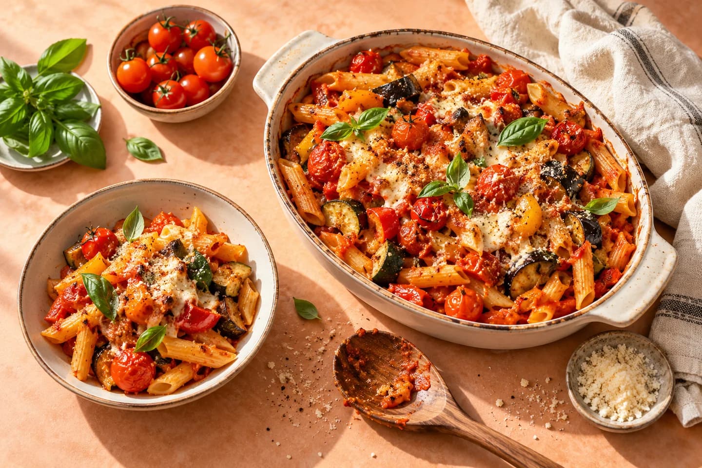 Editorial illustration of a homemade pasta dish shared at the table