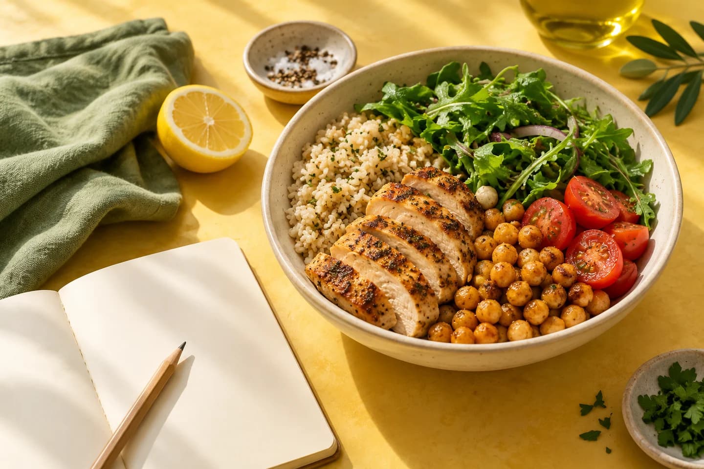 Editorial still life of a colorful meal bowl beside a blank food journal