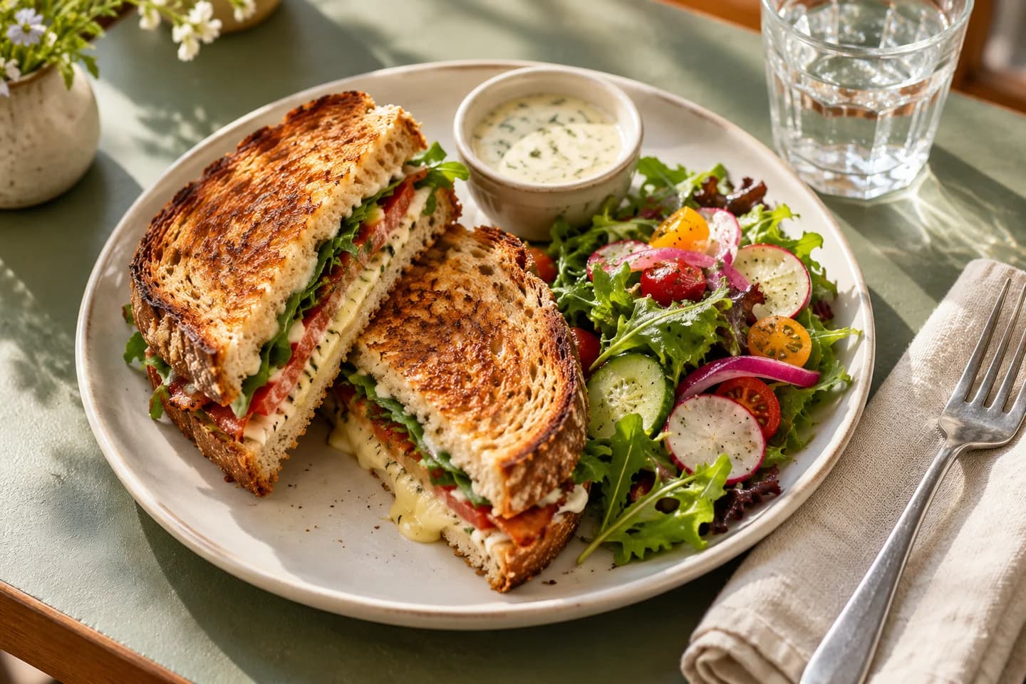 A toasted café sandwich, salad and dressing on a sunlit table