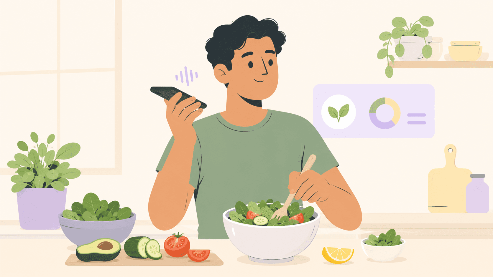 Illustration of a person describing a meal while sitting at a kitchen table