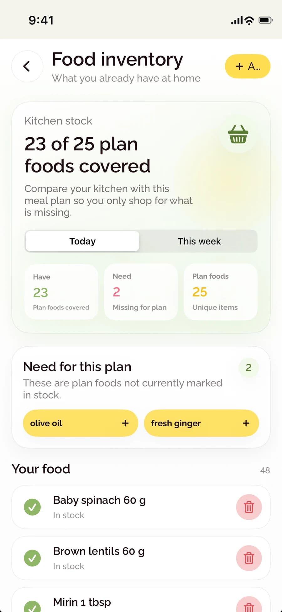 BiteCheck food inventory screen