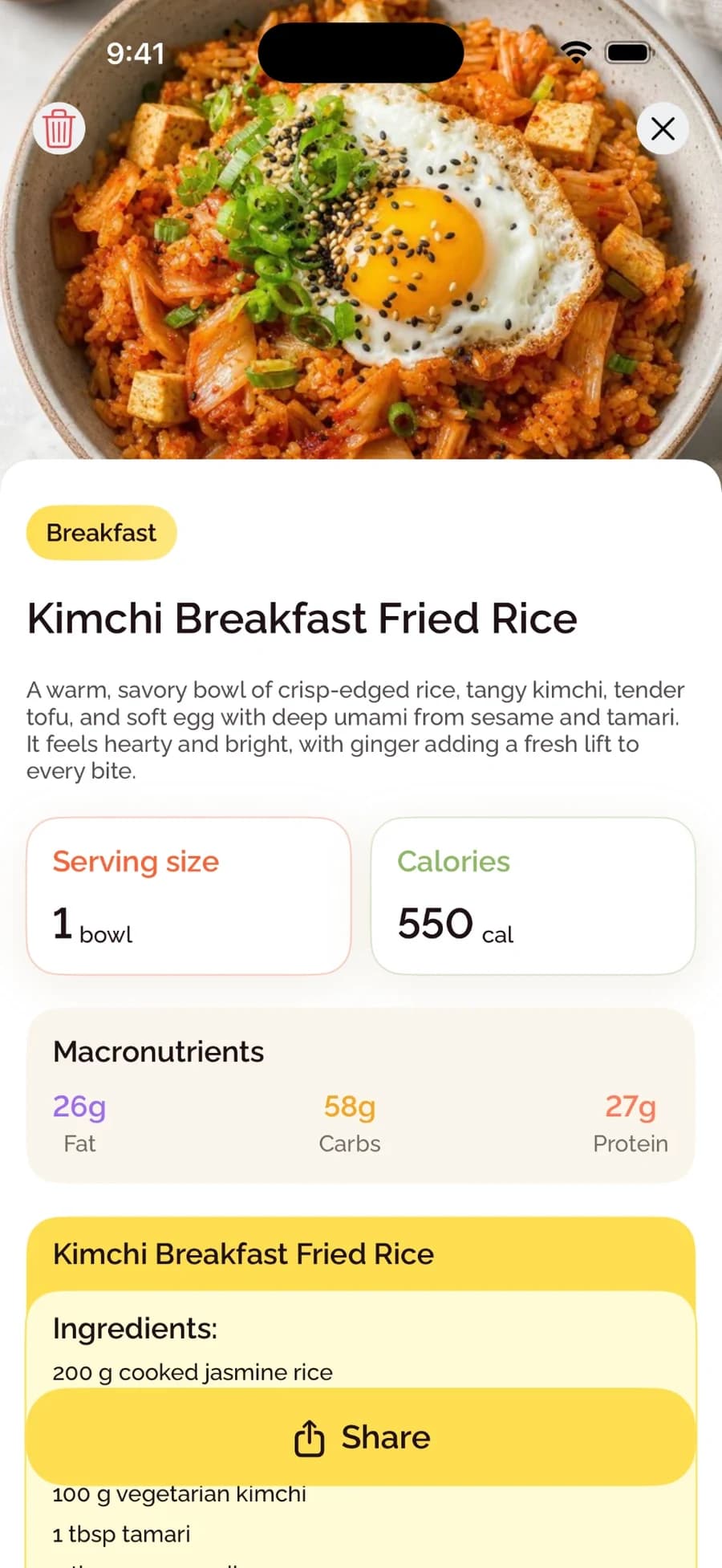BiteCheck logged meal with fat, carbs and protein
