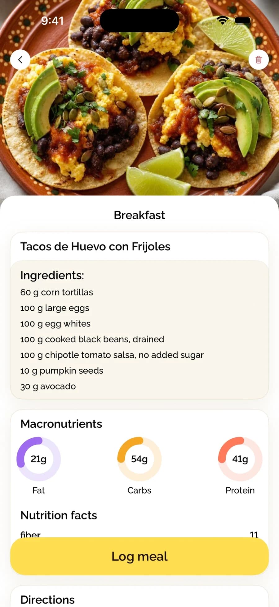 BiteCheck recipe with ingredients, macros and a Log meal button
