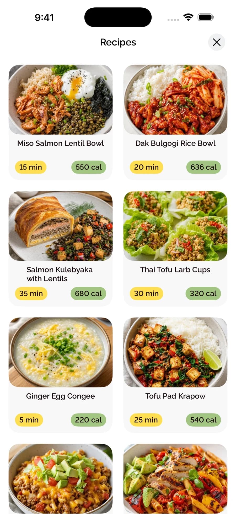 BiteCheck recipe collection with cooking time and calories