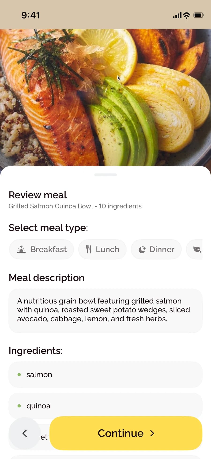 BiteCheck meal review screen