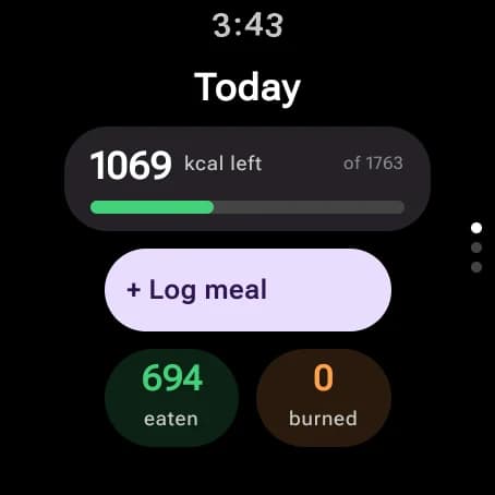 BiteCheck on Wear OS showing calories left, eaten and burned