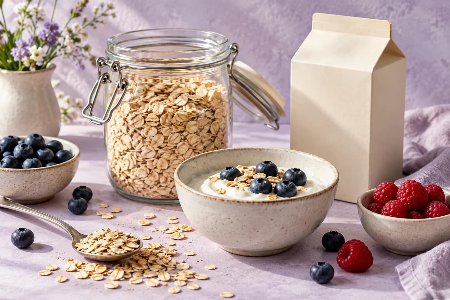 Oats, yogurt and berries beside plain food packaging and a serving spoon