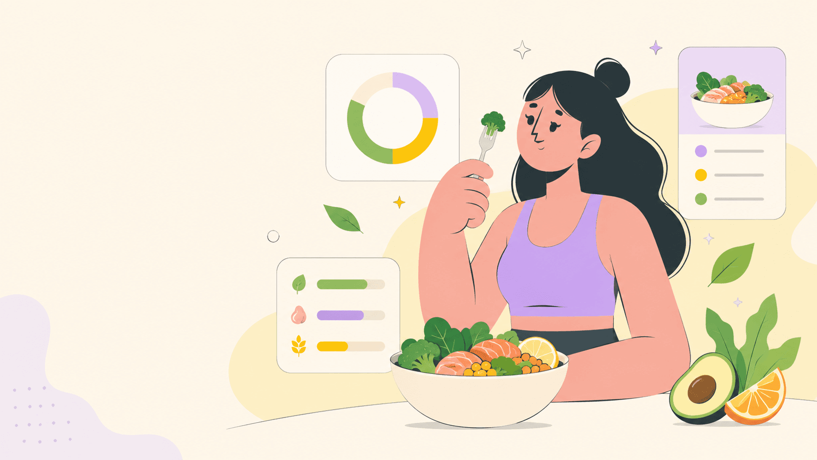 Illustration of a person enjoying a meal with different food groups