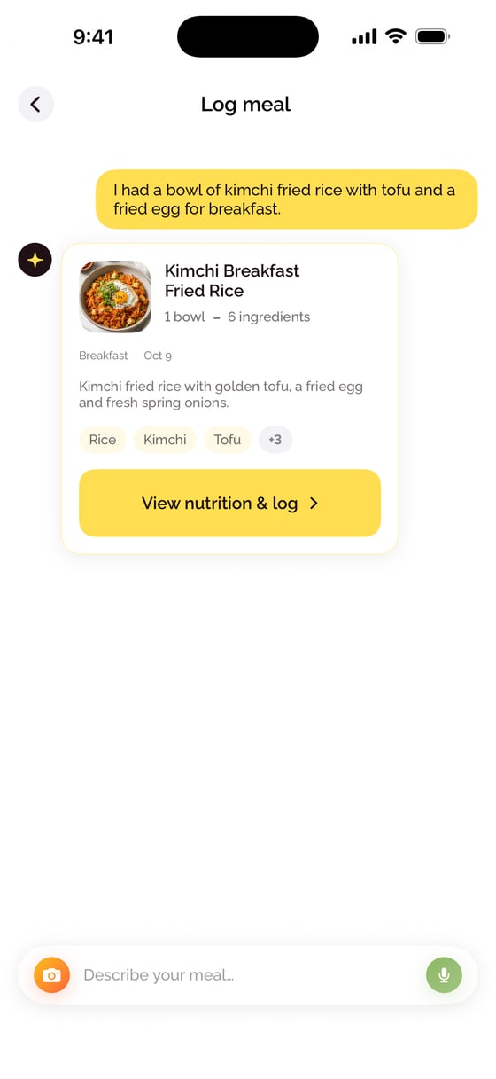 BiteCheck meal chat turning a spoken description into a logged meal