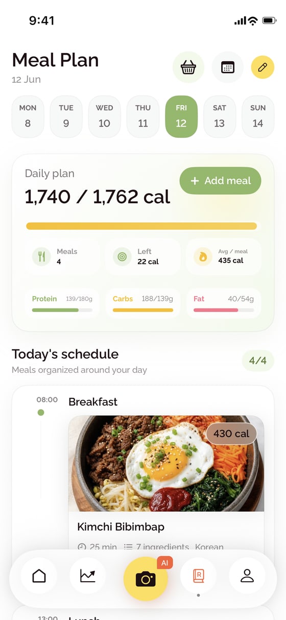 BiteCheck meal plan with daily calorie target and scheduled meals
