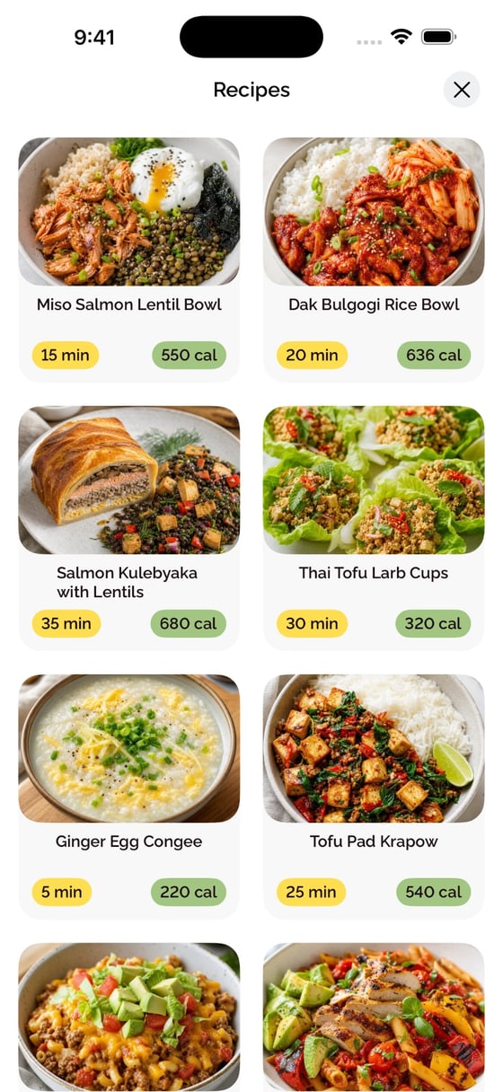 BiteCheck recipe collection with cooking time and calories for each dish