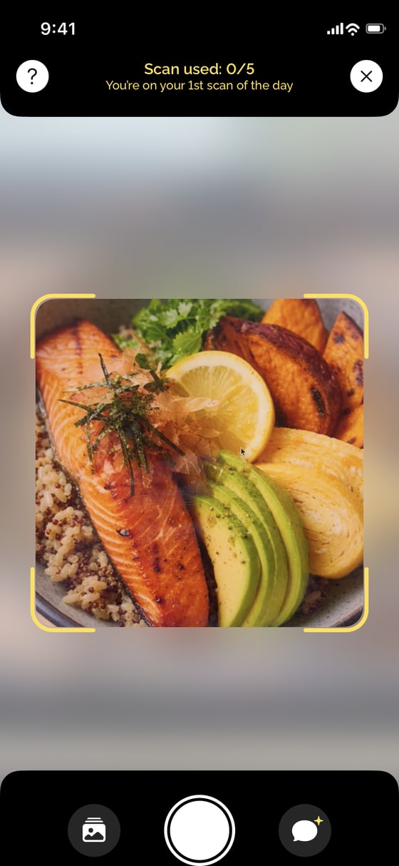 Scanning a salmon and avocado bowl with the BiteCheck camera